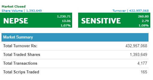 नेप्से १३.०६ अंकले बढेर १२३० को विन्दुमा, निर्जीवन र जीवन बीमाको उपसूचकमा हरीयालीपन