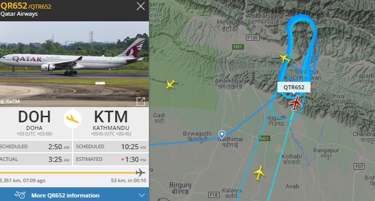 काठमाडौं विमानस्थलमा गम्भिर समस्या, २९ फन्को मार्दा पनि कतार एयरको जहाज अवतरण गर्न सकेन, तीन घण्टादेखि जहाजहरु आकाशमै