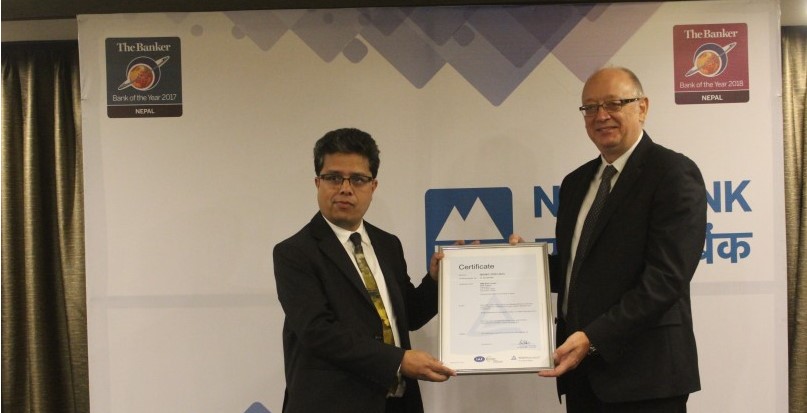 एनएमबी बैंक बन्यो ‘टभ राइल्यान्ड’बाट आईएसओ प्रमाणपत्र पाउने पहिलो बैंक