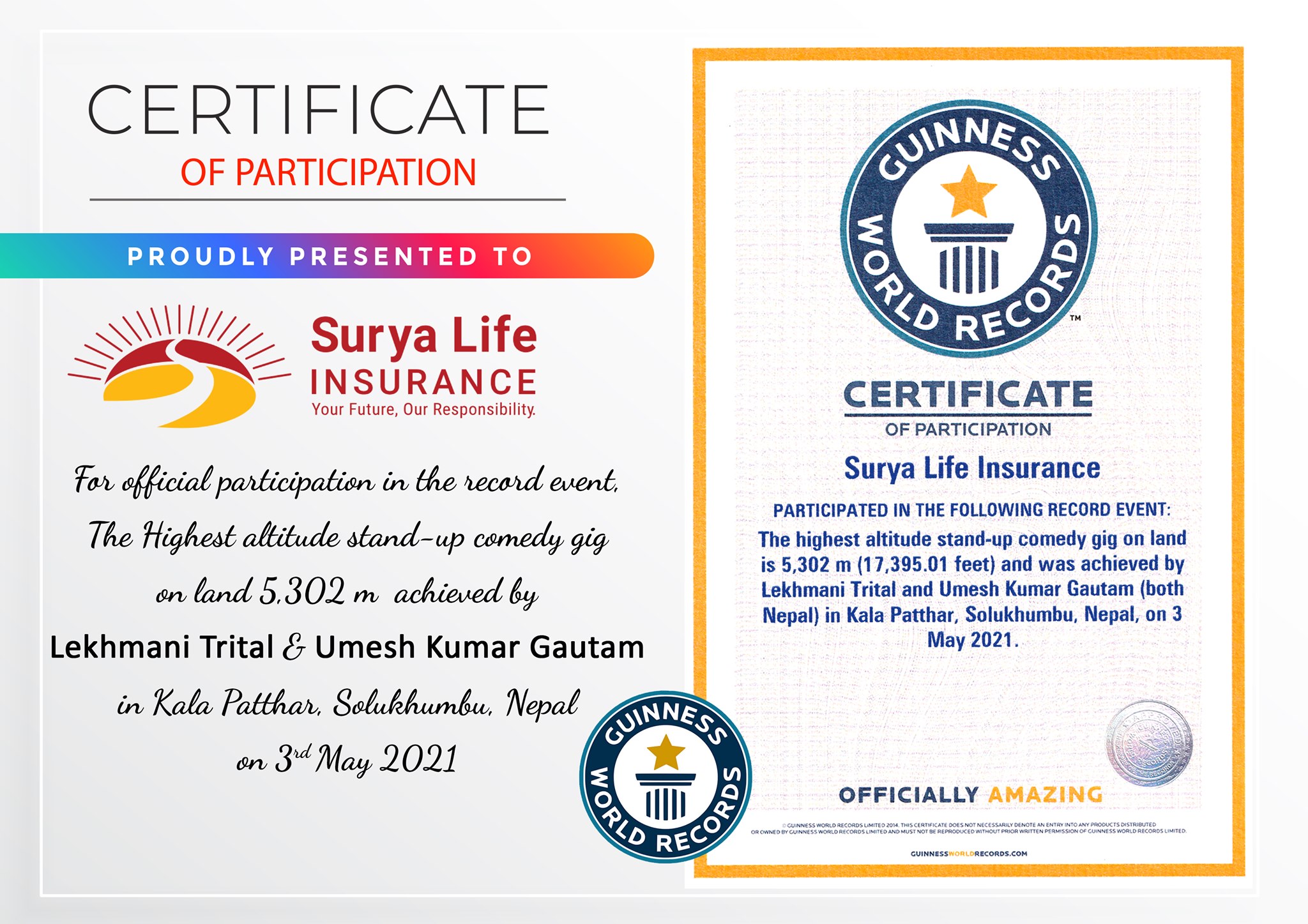 सूर्या लाइफको सहयोगमा दुई नेपालीले बनाए गिनिज वर्ल्ड रेकर्ड, सर्वाधिक उचाइ स्ट्याण्ड अप कमेडि गिग
