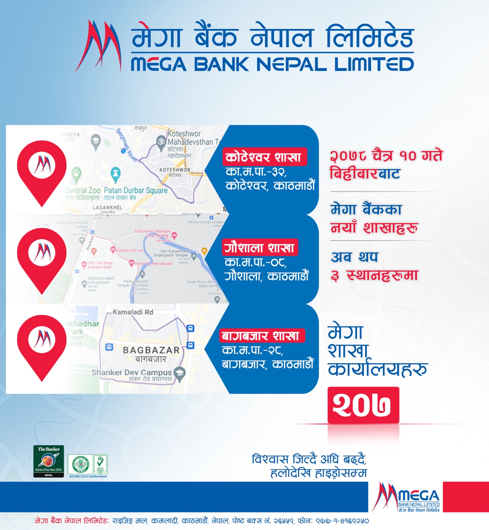 मेगा बैंकको एकैसाथ तीन नयाँ शाखा विस्तार