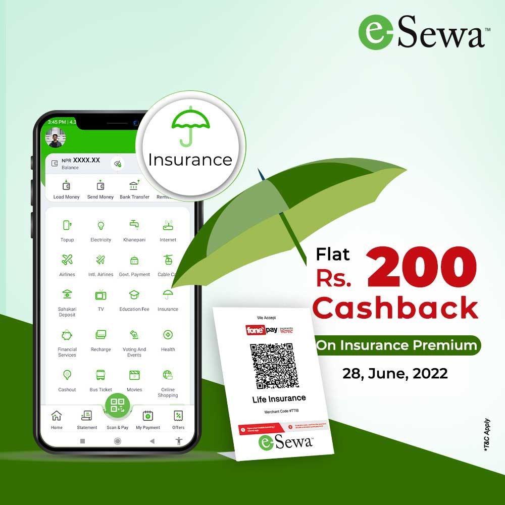 ईसेवाको अफर: बीमा शुल्क भुक्तानी गर्दा दुई सय रूपैयाँ क्यासब्याक पाइने
