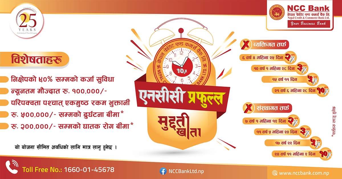 एनसीसी बैंकको “एनसीसी प्रफुल्ल मुद्दती खाता योजना” मा  १० गुणासम्म रकम फिर्ता