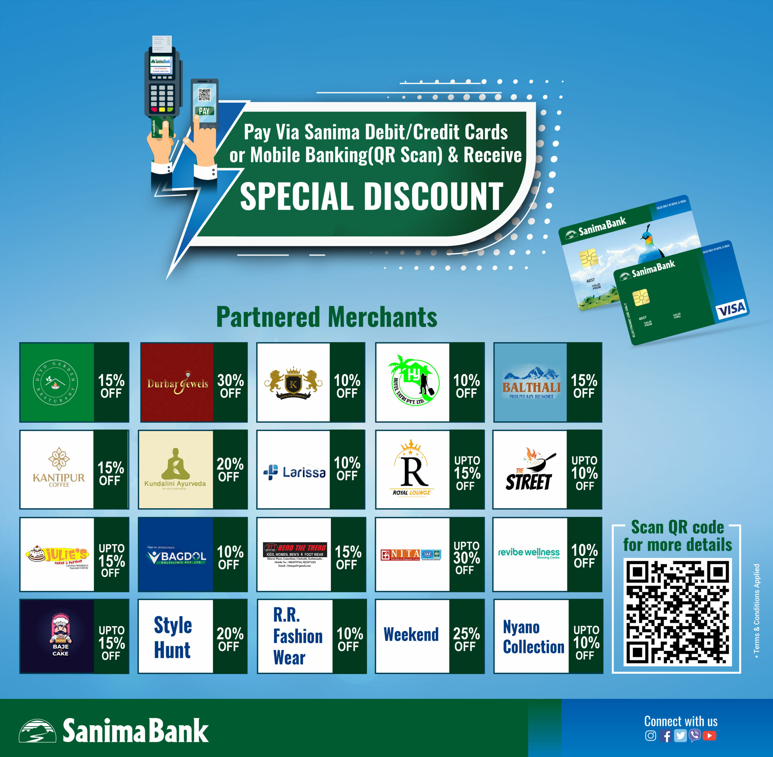 सानिमा बैंकका ग्राहकले थप २० वटा मर्चेन्टहरुमा ३० प्रतिशतसम्म छुट पाउने
