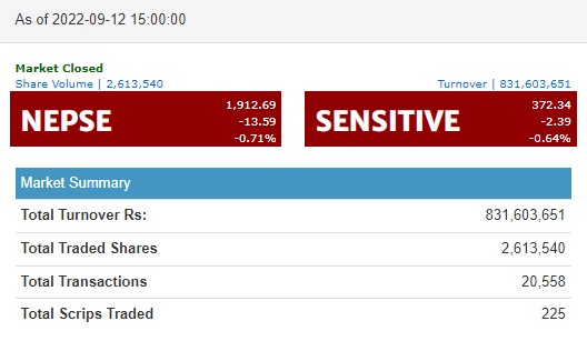 ओरालो लाग्यो शेयर बजार, आज १३ दशमलव ५९ अकंको गिरावट