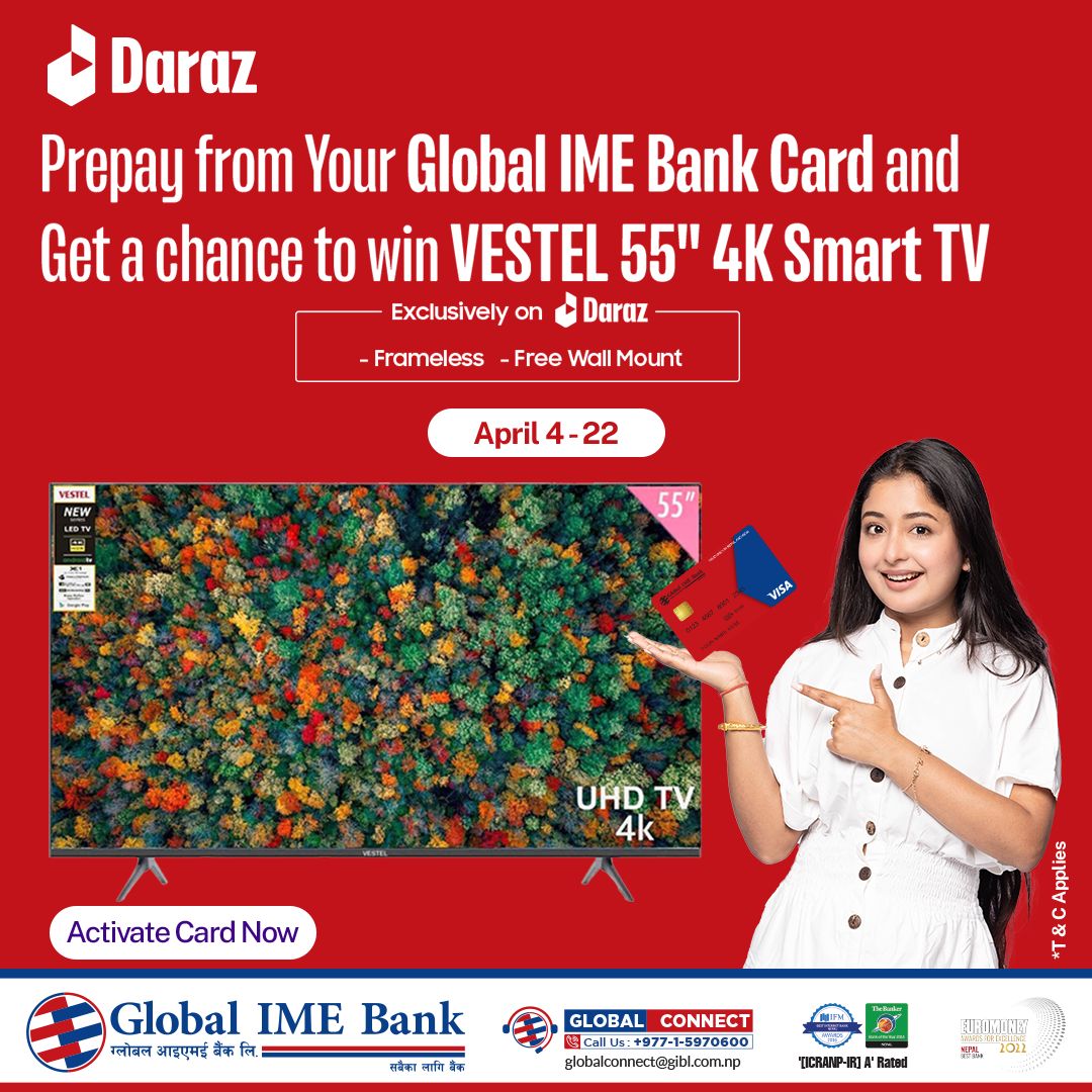 ग्लोबल आइएमईका ग्राहकले दराजबाट सामान किन्दा ५५ इन्चको टिभी जित्ने मौका