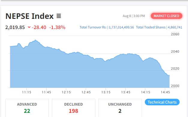 शेयर बजारमा लगातार गिरावट, १९८ कम्पनीको शेयर मुल्य घट्यो