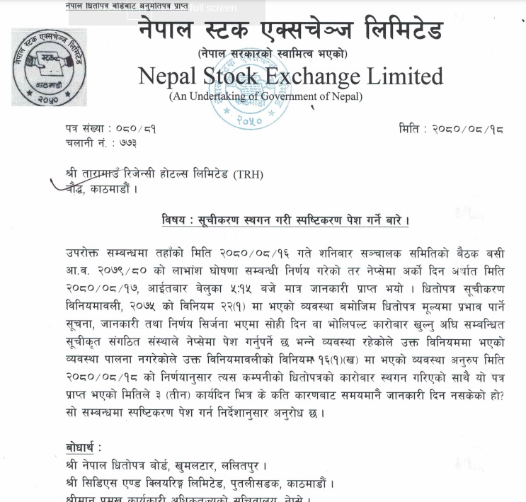 तारागाउँ रिजेन्सी होटल्समाथि नेप्सेको कारबाही, शेयर कारोबार रोक्का