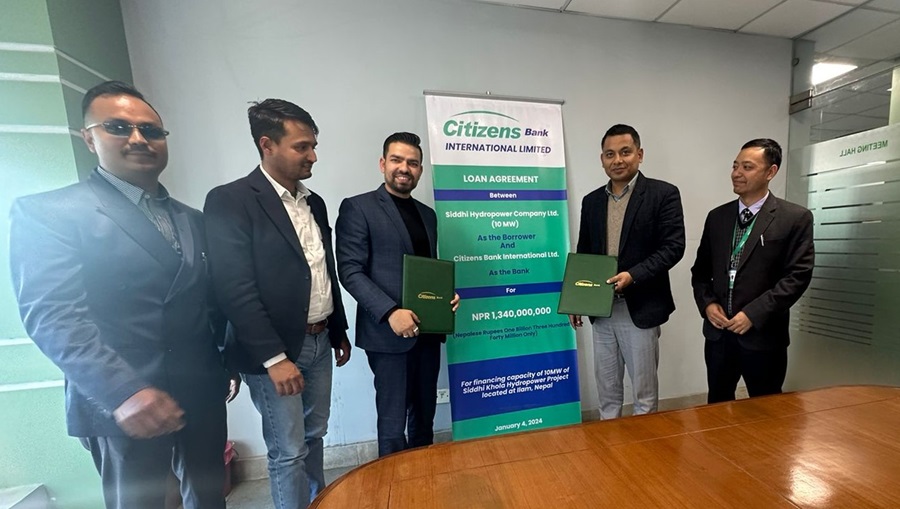 सिटिजन्स बैंकको एकल ऋण लगानीमा १० मेगावाटको सिद्धि खोला जलविद्युत आयोजना निर्माण गर्न कर्जा सम्झौता