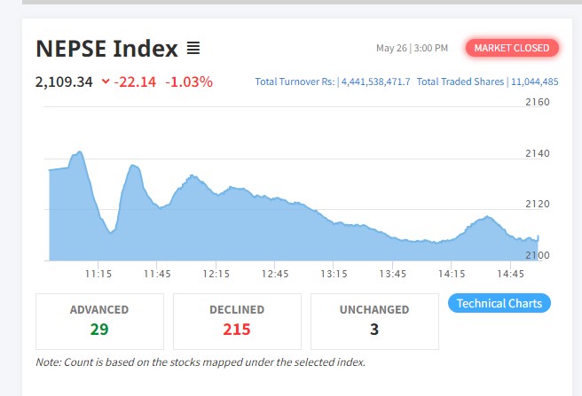 शेयर बजारमा २२ अंकको गिरावट हुँदा २१५ कम्पनीको मूल्य घट्यो