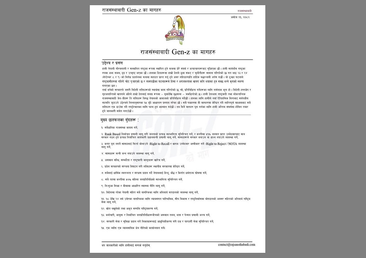 साझा समाधान नखोजे विद्रोहमा जाने राजसंस्थावादी जेनजी युवाको चेतावनी, राखे यस्ता १५ माग