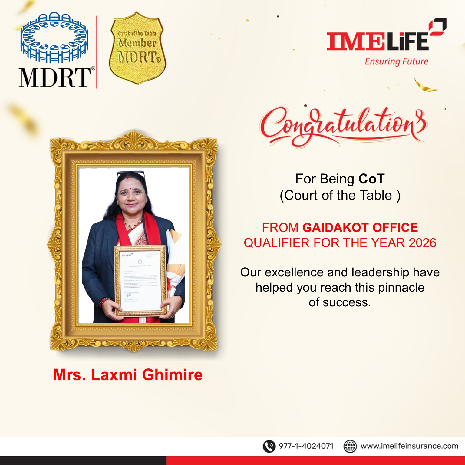 आइएमई लाइफकी लक्ष्मी बनिन् सन् २०२६ का लागि पहिलो सीओटी