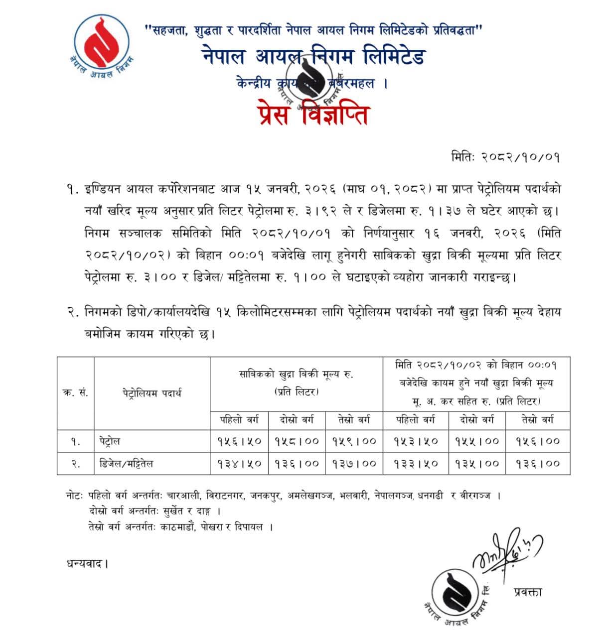 पेट्रोलियम पदार्थको मूल्य घट्यो, अब कति ?