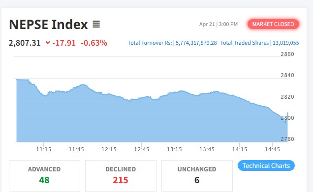 Stock market plunges 17 points, prices of 215 companies fall